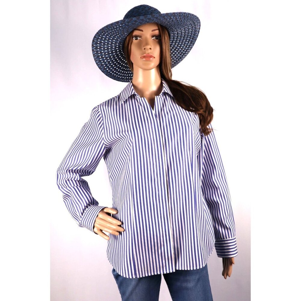Chicos Blue & White Striped No-Iron Button-Up Shirt Womens Size 1 (M) 95% Cotton